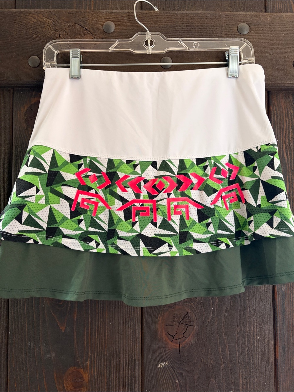 Lucky in Love White Waistband Green Geometric Skort with Pink Accents